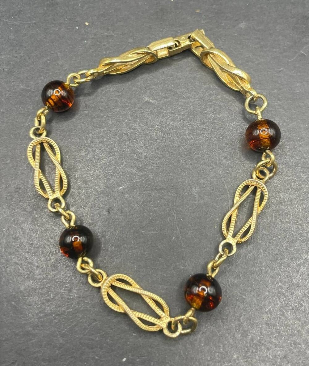 Vintage Avon Gold Tone Amber Brown Glass Bead Open Scroll Link Bracelet